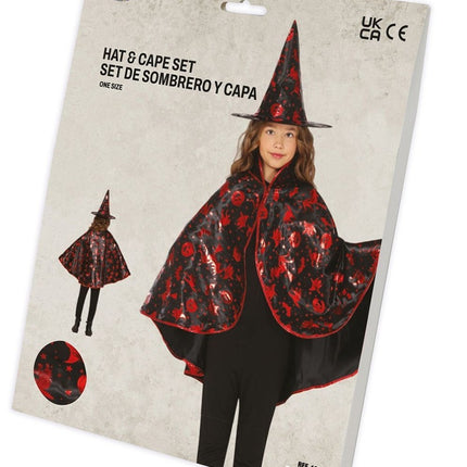 Halloween Verkleedset Zwart Rood Meisje Heks 2 delig - Partywinkel - 8434077190098