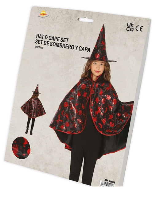 Halloween Verkleedset Zwart Rood Meisje Heks 2 delig - Partywinkel - 8434077190098