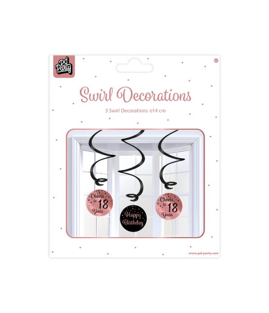 Hangdecoratie 18 Jaar Happy Birthday Zwart Roze 17cm 3st van Paper Dreams koop je bij Partywinkel