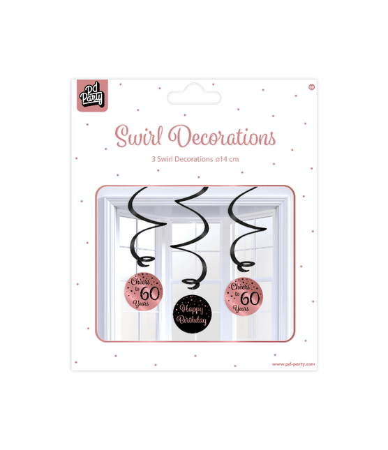 Hangdecoratie 60 Jaar Happy Birthday Zwart Roze 17cm 3st van Paper Dreams koop je bij Partywinkel