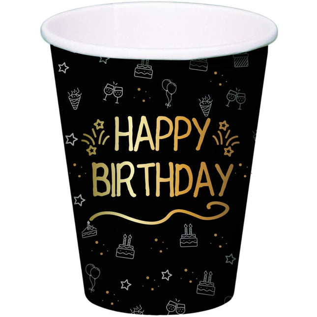 Happy Birthday Bekers Zwart Papier 250ml 8st van Folat koop je bij Partywinkel