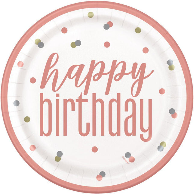 Happy Birthday Borden Rose Goud 23cm 8st van Unique koop je bij Partywinkel
