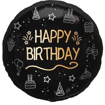 Happy Birthday Helium Ballon Zwart Goud Leeg 45cm van Folat koop je bij Partywinkel