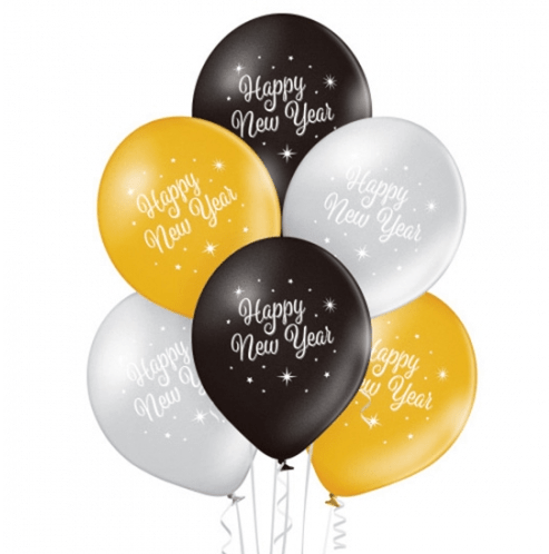 Happy New Year Ballonnen Zwart Goud Zilver Taart 30cm 10st van VDV Benefit koop je bij Partywinkel