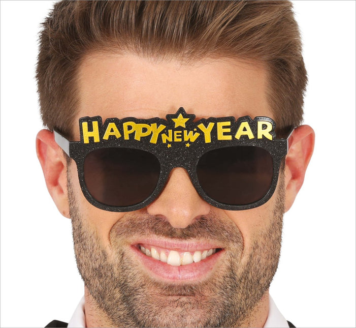 Happy New Year Bril Zwart Goud - Partywinkel - 8434077182109