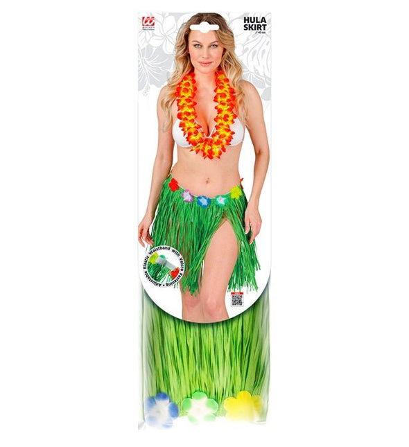 Hawaiirokje Groen Met Bloemenriem 40cm van Widmann koop je bij Partywinkel