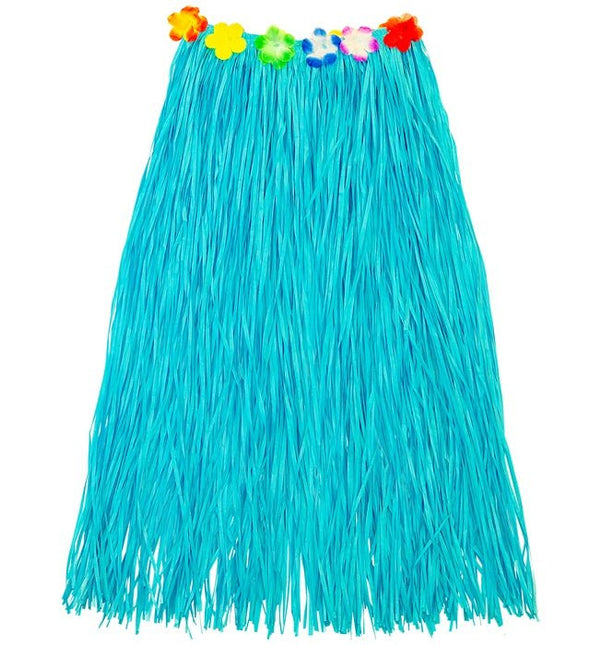 Hawaiirokje Lichtblauw Met Bloemenriem 80cm van Widmann koop je bij Partywinkel