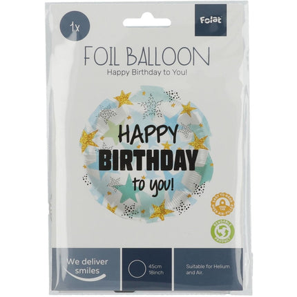 Helium Ballon Happy Birthday Sterren Blauw Goud Leeg 45cm van Folat koop je bij Partywinkel