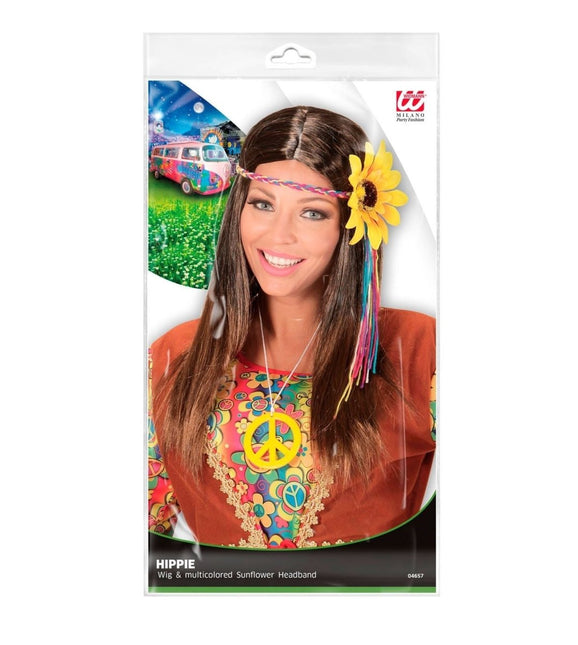 Hippie 60S Pruik Bruin Met Zonnebloem Haarband van Widmann koop je bij Partywinkel