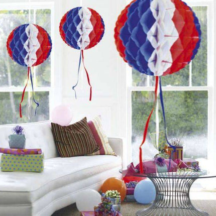 Honeycomb Bal Rood Wit Blauw 30cm van Folat koop je bij Partywinkel