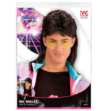 Jaren 80 Pruik Aso Zwart met Bril van Widmann koop je bij Partywinkel