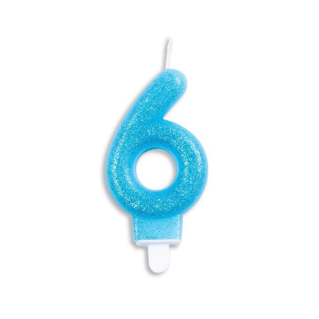 Kaars 6 Jaar Blauwe Glitter 7cm van WeFiesta koop je bij Partywinkel