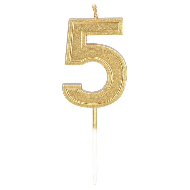 Kaarsje Elegant '5' goud op prikker (3 x 4,2 x 0,7 cm) van Boland koop je bij Partywinkel