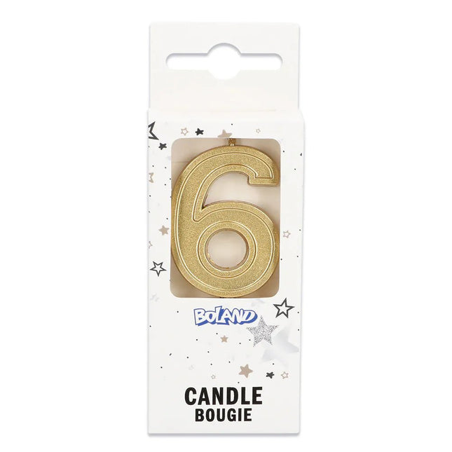Kaarsje Elegant '6' goud op prikker (3 x 4,2 x 0,7 cm) van Boland koop je bij Partywinkel