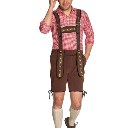 Lederhose Johann met Verstelbare Bretels Donkerbruin Kort van Partychimp koop je bij Partywinkel