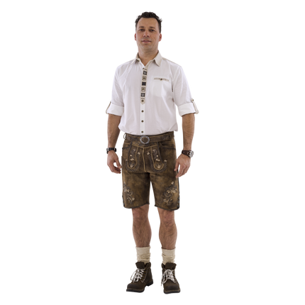 Lederhose kurz, braun antik mit exklusiver Stickerei und Gürtel