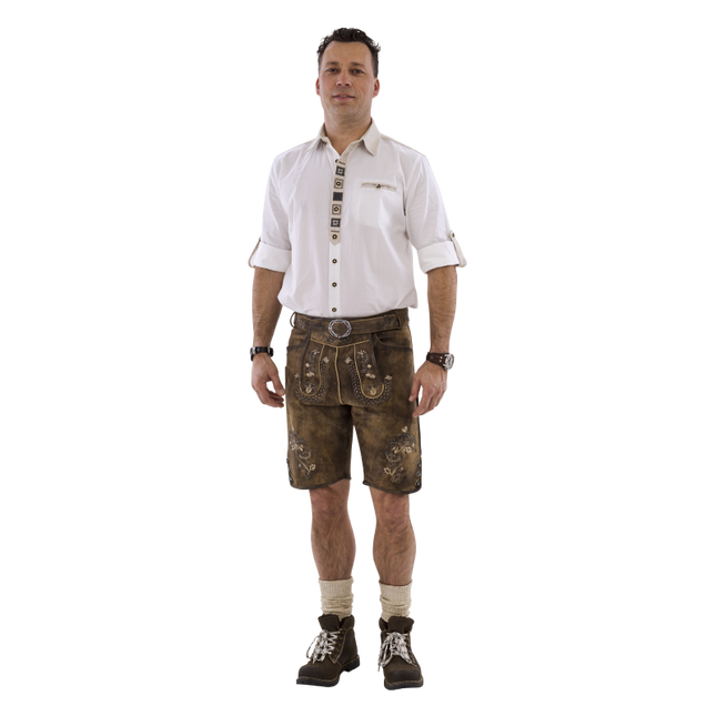 Lederhose kurz, braun antik mit exklusiver Stickerei und Gürtel