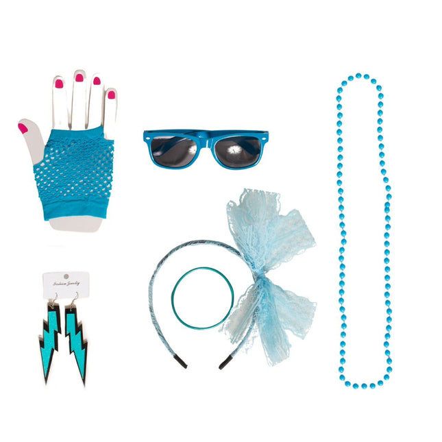 Neon 80S Accessoireset Blauw 6 delig van Partychimp koop je bij Partywinkel