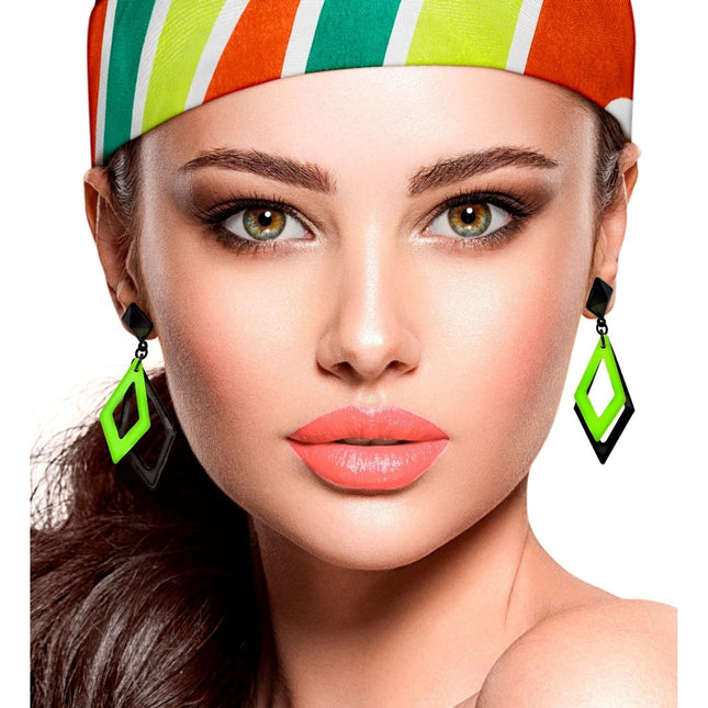 Neon 80S Oorbellen Zwart Groen van Widmann koop je bij Partywinkel