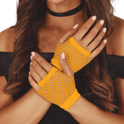 Neon Oranje Visnet Handschoenen 11cm van Fiestas Guirca koop je bij Partywinkel