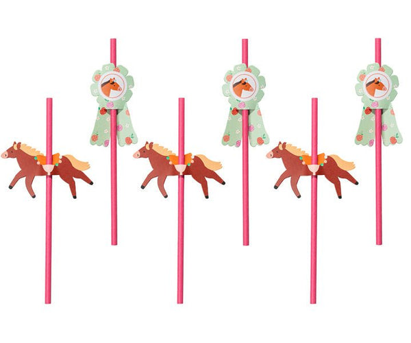partydeco Trinkhalme, Papierstrohhalme 19cm mit Pferde Topper 6er Set Pink / Braun / Grün