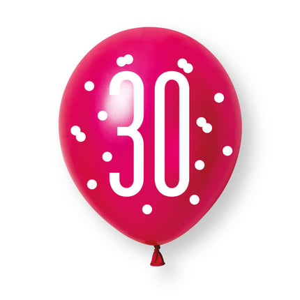 6ct Glitz Pink Number 30 Pearl Premium 30cm Latex Balloons