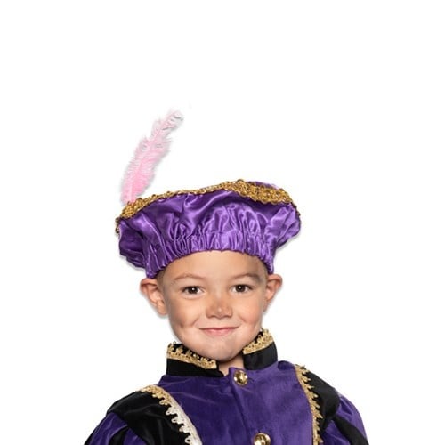 Pietenbaret Satijn Met Veer Paars van Haza Witbaard koop je bij Partywinkel