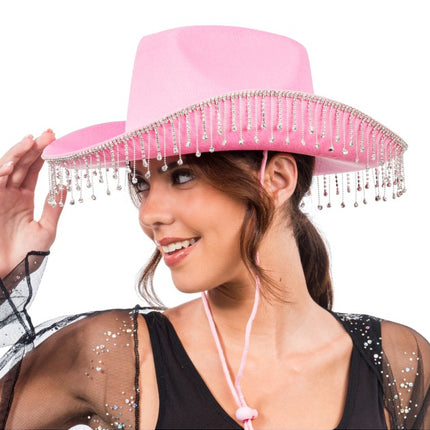 Rosa Cowboyhut mit hängenden Strasssteinen – Einheitsgröße