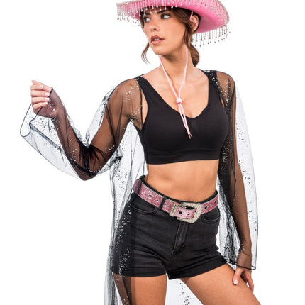 Rosa Cowboyhut mit hängenden Strasssteinen – Einheitsgröße