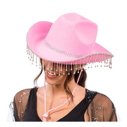 Rosa Cowboyhut mit hängenden Strasssteinen – Einheitsgröße