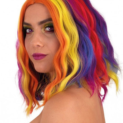Pruik Alicia Half Lang Met Wave Rood, Geel En Oranje van PartyXplosion koop je bij Partywinkel
