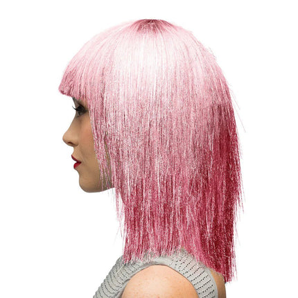 Pruik Crazy roze (zilver tinsel) van Boland koop je bij Partywinkel