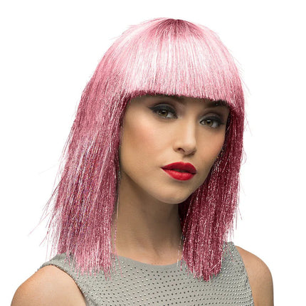 Pruik Crazy roze (zilver tinsel) van Boland koop je bij Partywinkel
