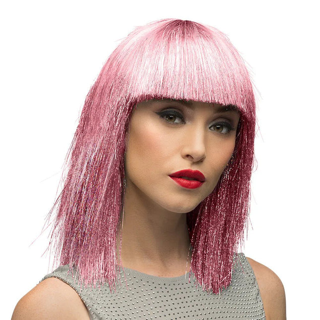 Pruik Crazy roze (zilver tinsel) van Boland koop je bij Partywinkel