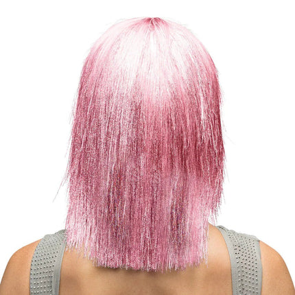Pruik Crazy roze (zilver tinsel) van Boland koop je bij Partywinkel