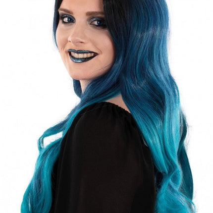 Pruik Selena Lang Haar Met Krullen Zwart Petrol Blauw van PartyXplosion koop je bij Partywinkel