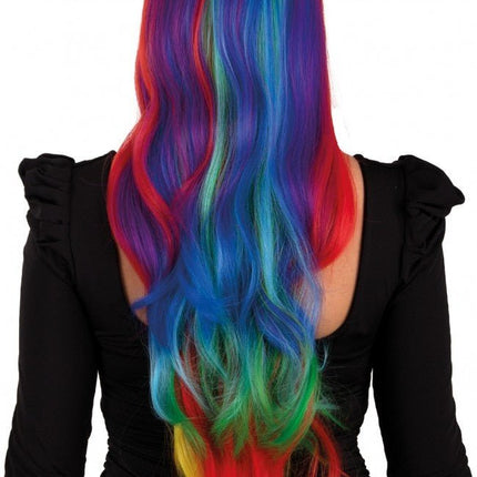 Pruik Selena Lang Met Krullen Regenboog All Over van PartyXplosion koop je bij Partywinkel