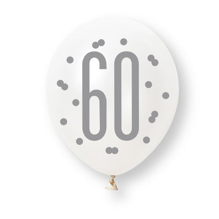 6ct Glitz Rose Gold Number 60 Assorted Platinum & Pearl Premium 30cm Latex Balloons