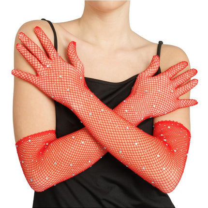 Rote Netzhandschuhe mit Strass, 45 cm