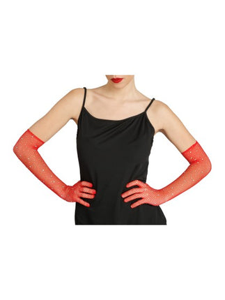 Rote Netzhandschuhe mit Strass, 45 cm