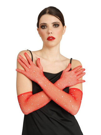 Rote Netzhandschuhe mit Strass, 45 cm