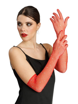 Rote Netzhandschuhe mit Strass, 45 cm