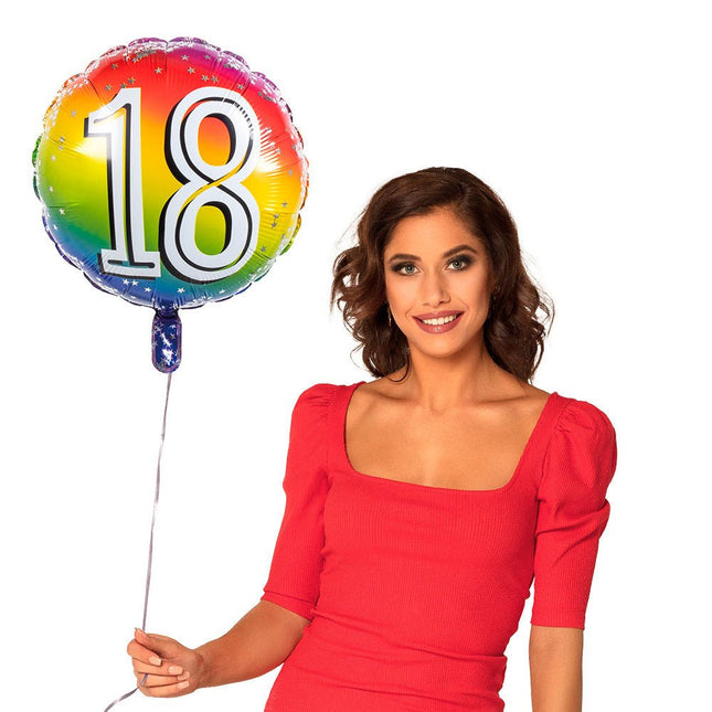 Regenboog Cijfer Ballon 18 Jaar 45cm van Boland koop je bij Partywinkel