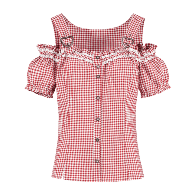 Rood Witte Blouse Dames Geruit Met Gespen van Haus Huberts koop je bij Partywinkel