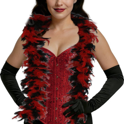 Rood Zwarte Boa Veren 80gr van Fiestas Guirca koop je bij Partywinkel