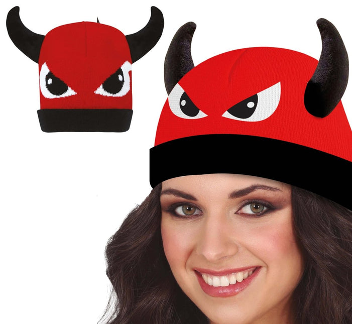 Rood Zwarte Muts Duivel Met Ogen van Fiestas Guirca koop je bij Partywinkel