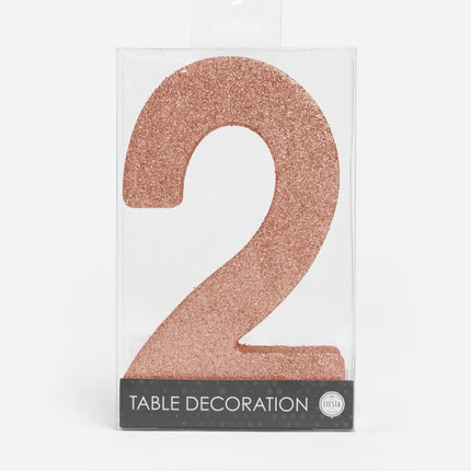 Rose Goud Tafeldecoratie Cijfer 2 Glitter 20,5cm van WeFiesta koop je bij Partywinkel