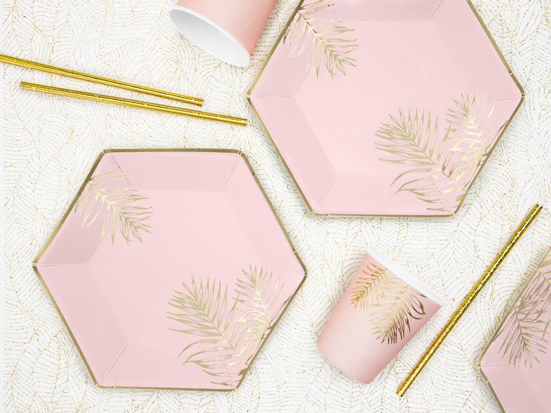 Roze Borden Gouden Bladeren 23cm 6st van Partydeco koop je bij Partywinkel
