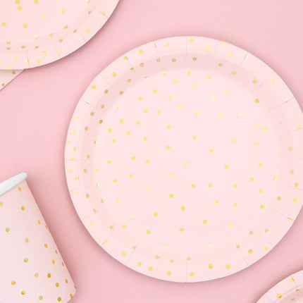 Roze Borden Gouden Stippen 18cm 6st van Partydeco koop je bij Partywinkel