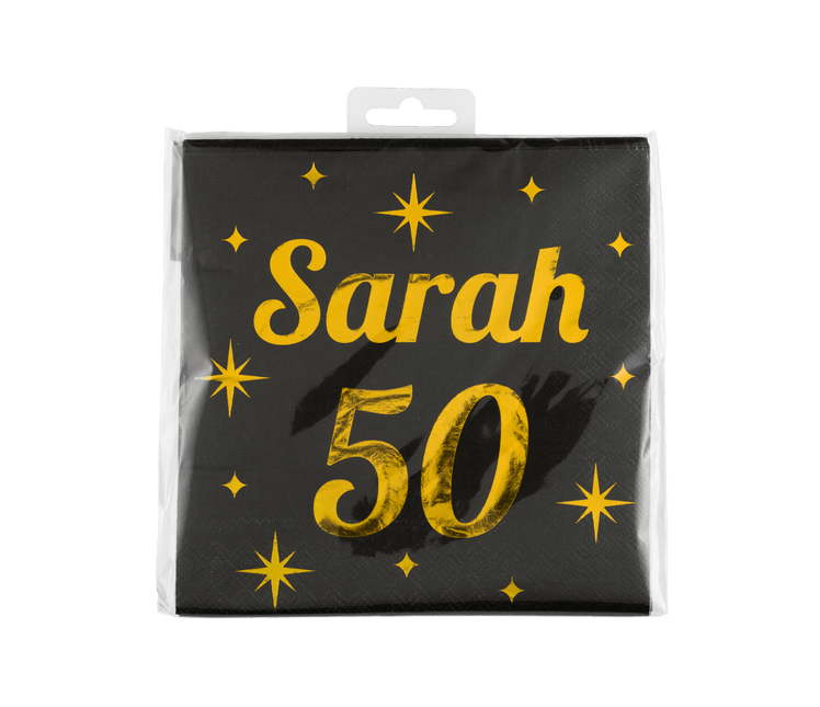 Sarah Servetten Zwart Goud 50 Jaar 19cm 16st - Partywinkel - 8716764238475